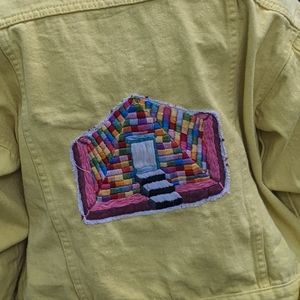 HAND EMBROIDERED YELLOW RAINBOW PYRAMID JEAN JACKET
